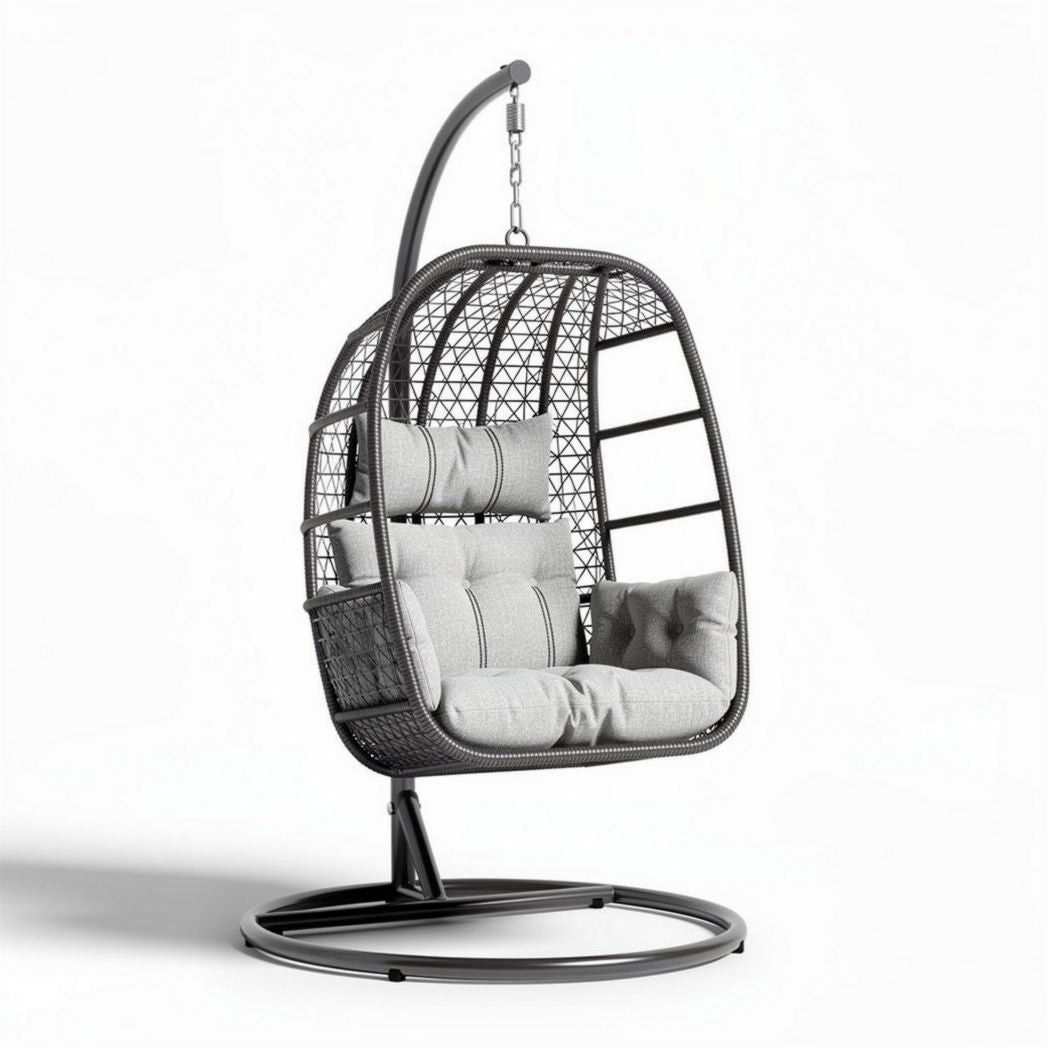 Hanging Egg Chair with Cushions for Outdoor Relaxation – Metal and Rattan – 100 x 80 x 120cm