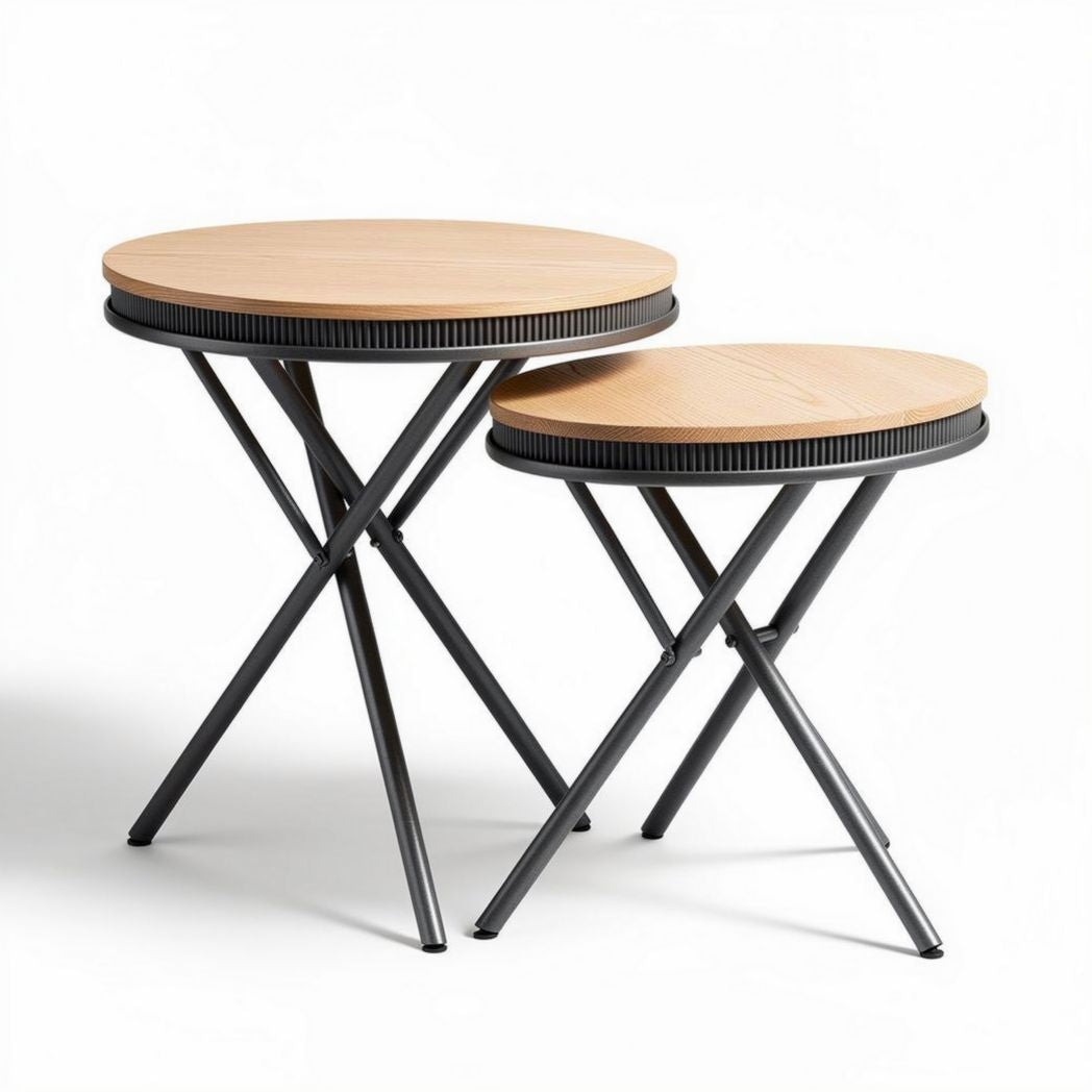 Wood and Metal Round Nesting Tables – Suitable for Living Room or Office Use – Made of Wood and Metal – 40 x 40 x 50cm