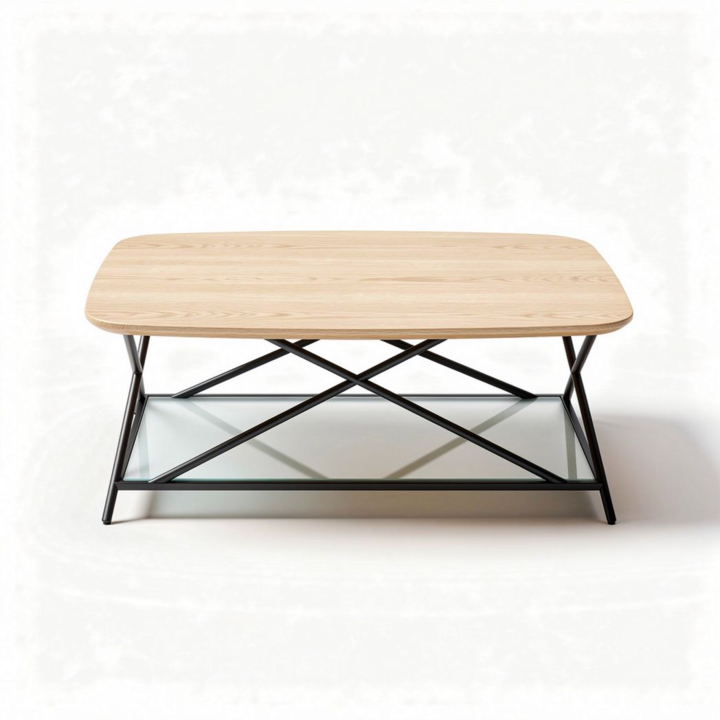 Wooden Coffee Table with Glass Shelf – Living Room Use – Oak and Metal – 120 x 60 x 40cm